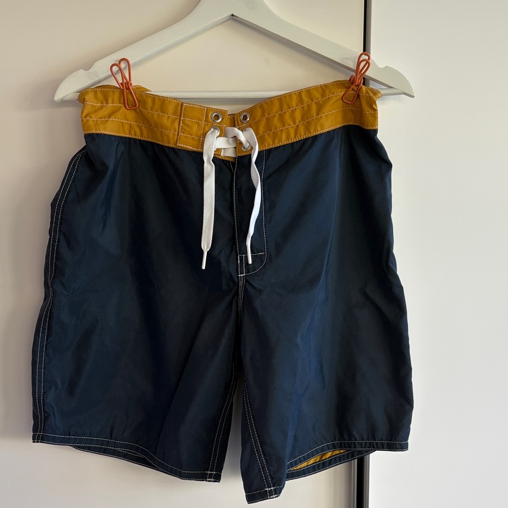 Birdwell Navy Swim Board Shorts with Mustard Waistband